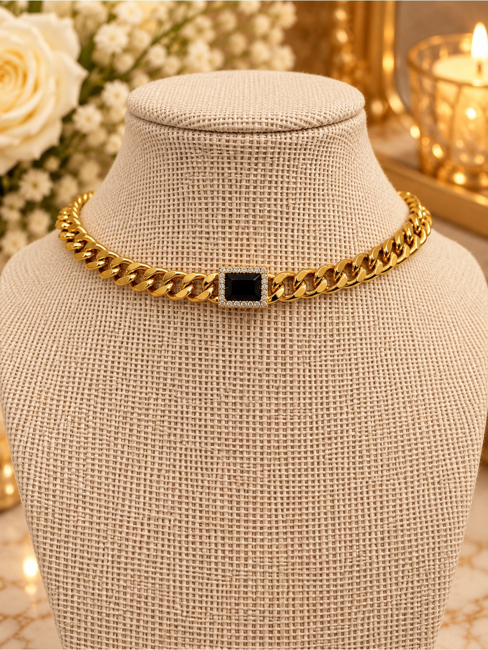 Black Crystal Pendant With Gold Chain Choker